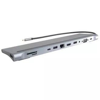 Stație de andocare PREMIUMCORD USB-C 10v1, 1xHDMI, 1xVGA, 2xUSB-C, 3xUSB, 1xRJ45, cititor de carduri SD, gri