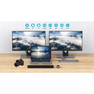Stație de andocare PREMIUMCORD USB-C 10v1, 1xHDMI, 1xVGA, 2xUSB-C, 3xUSB, 1xRJ45, cititor de carduri SD, gri