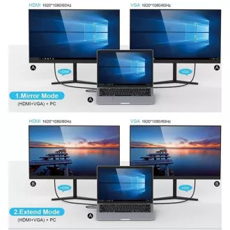 Stație de andocare PREMIUMCORD USB-C 10v1, 1xHDMI, 1xVGA, 2xUSB-C, 3xUSB, 1xRJ45, cititor de carduri SD, gri