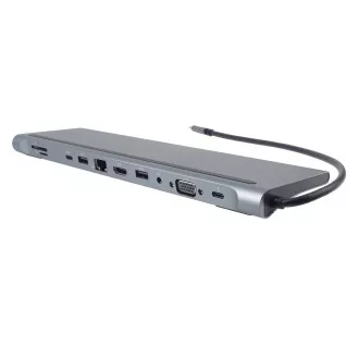 Stație de andocare PREMIUMCORD USB-C 10v1, 1xHDMI, 1xVGA, 2xUSB-C, 3xUSB, 1xRJ45, cititor de carduri SD, gri