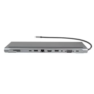 Stație de andocare PREMIUMCORD USB-C 10v1, 1xHDMI, 1xVGA, 2xUSB-C, 3xUSB, 1xRJ45, cititor de carduri SD, gri