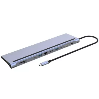 Stație de andocare PREMIUMCORD USB-C 10v1, 1xHDMI, 1xVGA, 2xUSB-C, 3xUSB, 1xRJ45, cititor de carduri SD, gri