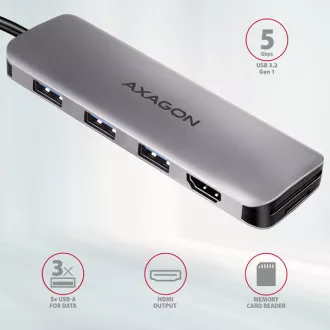 AXAGON HMC-HCR3A, hub USB 3.2 Gen 1, 3x porturi USB-A, HDMI 4k/30Hz, SD/microSD, cablu USB-C 20cm