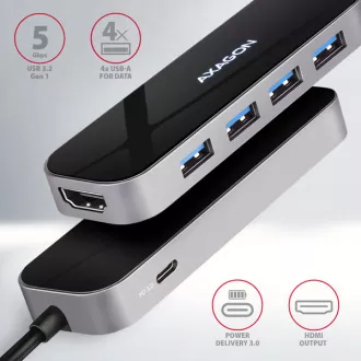 AXAGON HMC-6H4A, hub USB 3.2 Gen 1, 4x porturi USB-A, HDMI 4k/30Hz, PD 100W, cablu USB-C 20cm