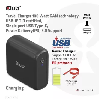 Încărcător de călătorie Club3D 100W cu tehnologie GAN, certificat USB-IF TID, USB Type-C, suport Power Delivery(PD) 3.0