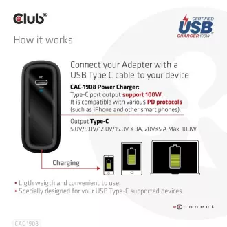Încărcător de călătorie Club3D 100W cu tehnologie GAN, certificat USB-IF TID, USB Type-C, suport Power Delivery(PD) 3.0