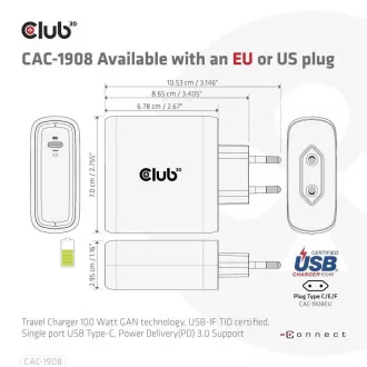 Încărcător de călătorie Club3D 100W cu tehnologie GAN, certificat USB-IF TID, USB Type-C, suport Power Delivery(PD) 3.0
