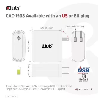 Încărcător de călătorie Club3D 100W cu tehnologie GAN, certificat USB-IF TID, USB Type-C, suport Power Delivery(PD) 3.0