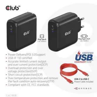 Încărcător de călătorie Club3D 100W cu tehnologie GAN, certificat USB-IF TID, USB Type-C, suport Power Delivery(PD) 3.0