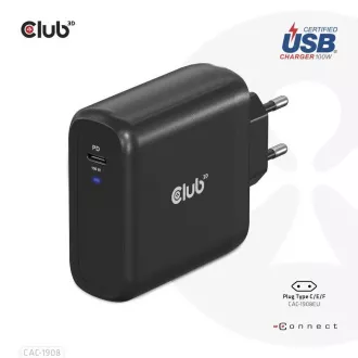 Încărcător de călătorie Club3D 100W cu tehnologie GAN, certificat USB-IF TID, USB Type-C, suport Power Delivery(PD) 3.0