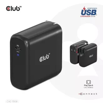 Încărcător de călătorie Club3D 100W cu tehnologie GAN, certificat USB-IF TID, USB Type-C, suport Power Delivery(PD) 3.0