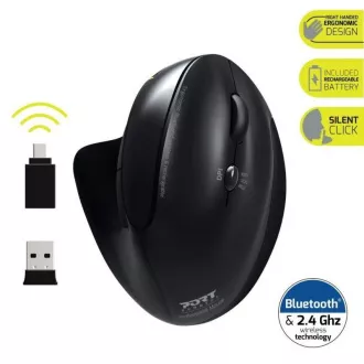 Mouse ergonomic vertical fără fir PORT, BT, 2, 4 GHz, USB-A/C, pentru dreptaci, negru