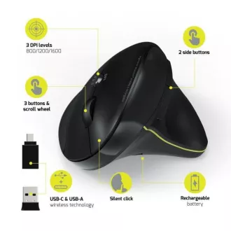 Mouse ergonomic vertical fără fir PORT, BT, 2, 4 GHz, USB-A/C, pentru dreptaci, negru