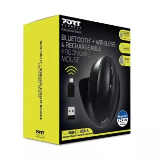 Mouse ergonomic vertical fără fir PORT, BT, 2, 4 GHz, USB-A/C, pentru dreptaci, negru