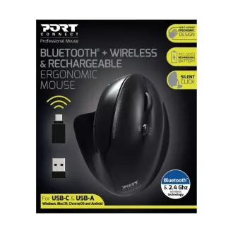 Mouse ergonomic vertical fără fir PORT, BT, 2, 4 GHz, USB-A/C, pentru dreptaci, negru