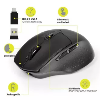Mouse reîncărcabil PORT cu conexiune wireless dublă, BT, 2, 4 GHz, USB-A/C, negru