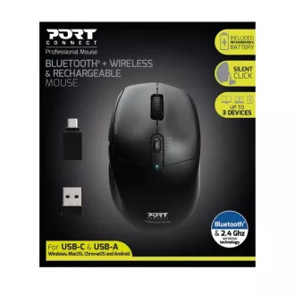 Mouse reîncărcabil PORT cu conexiune wireless dublă, BT, 2, 4 GHz, USB-A/C, negru