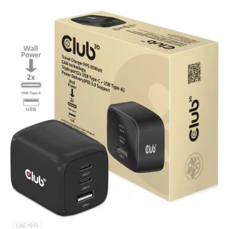 Încărcător de călătorie Club3D 65W cu tehnologie GAN, 3 porturi (2xUSB-C USB-A), suport Power Delivery(PD) 3.0 Încărcător de călătorie Club3D 65W cu tehnologie GAN, 3 porturi (2xUSB-C USB-A), suport Power Delivery(PD) 3.0