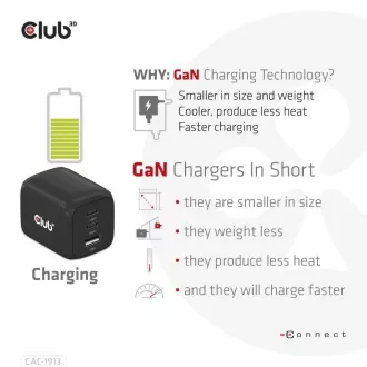 Încărcător de călătorie Club3D 65W cu tehnologie GAN, 3 porturi (2xUSB-C USB-A), suport Power Delivery(PD) 3.0 Încărcător de călătorie Club3D 65W cu tehnologie GAN, 3 porturi (2xUSB-C USB-A), suport Power Delivery(PD) 3.0