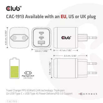 Încărcător de călătorie Club3D 65W cu tehnologie GAN, 3 porturi (2xUSB-C USB-A), suport Power Delivery(PD) 3.0 Încărcător de călătorie Club3D 65W cu tehnologie GAN, 3 porturi (2xUSB-C USB-A), suport Power Delivery(PD) 3.0