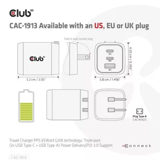 Încărcător de călătorie Club3D 65W cu tehnologie GAN, 3 porturi (2xUSB-C USB-A), suport Power Delivery(PD) 3.0 Încărcător de călătorie Club3D 65W cu tehnologie GAN, 3 porturi (2xUSB-C USB-A), suport Power Delivery(PD) 3.0