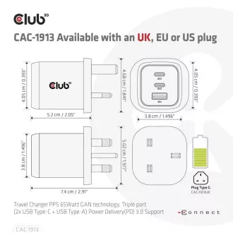 Încărcător de călătorie Club3D 65W cu tehnologie GAN, 3 porturi (2xUSB-C USB-A), suport Power Delivery(PD) 3.0 Încărcător de călătorie Club3D 65W cu tehnologie GAN, 3 porturi (2xUSB-C USB-A), suport Power Delivery(PD) 3.0