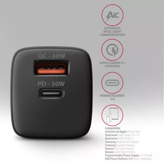 AXAGON ACU-PQ30, încărcător de rețea Sil 30W, 2x porturi (USB-A + USB-C), PD3.0/PPS/QC4+/SFC/AFC/Apple, negru