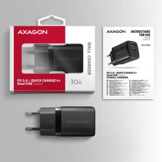 AXAGON ACU-PQ30, încărcător de rețea Sil 30W, 2x porturi (USB-A + USB-C), PD3.0/PPS/QC4+/SFC/AFC/Apple, negru