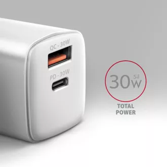 AXAGON ACU-PQ30W, încărcător de rețea Sil 30W, 2x porturi (USB-A + USB-C), PD3.0/PPS/QC4+/SFC/AFC/Apple, alb