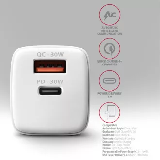 AXAGON ACU-PQ30W, încărcător de rețea Sil 30W, 2x porturi (USB-A + USB-C), PD3.0/PPS/QC4+/SFC/AFC/Apple, alb