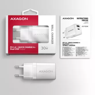 AXAGON ACU-PQ30W, încărcător de rețea Sil 30W, 2x porturi (USB-A + USB-C), PD3.0/PPS/QC4+/SFC/AFC/Apple, alb