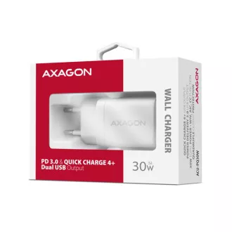 AXAGON ACU-PQ30W, încărcător de rețea Sil 30W, 2x porturi (USB-A + USB-C), PD3.0/PPS/QC4+/SFC/AFC/Apple, alb