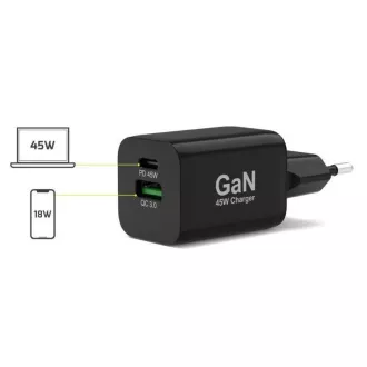 Încărcător de rețea PORT pentru USB-C și USB-A, 45 W, negru