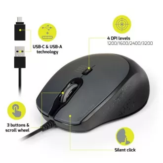 Mouse optic PORT SILENT, USB-A/USB-C, 3600 DPI, negru