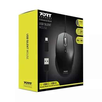 Mouse optic PORT SILENT, USB-A/USB-C, 3600 DPI, negru