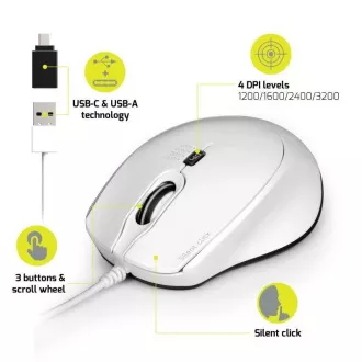 Mouse optic PORT SILENT, USB-A/USB-C, 3600 DPI, alb