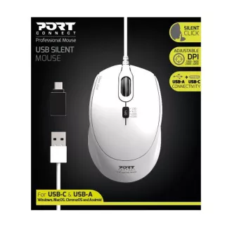 Mouse optic PORT SILENT, USB-A/USB-C, 3600 DPI, alb