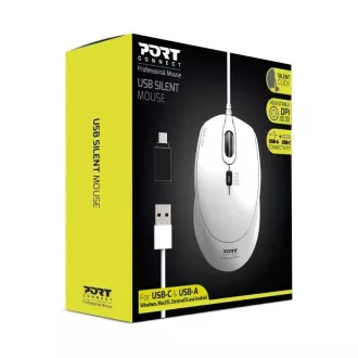Mouse optic PORT SILENT, USB-A/USB-C, 3600 DPI, alb