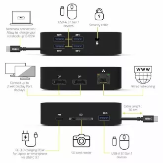 Stație de andocare PORT USB-C 10v1, 2x4K Display Port, 5x USB-A, USB-C 85W PD, Ethernet, SD Stație de andocare PORT USB-C 10v1, 2x4K Display Port, 5x USB-A, USB-C 85W PD, Ethernet, SD