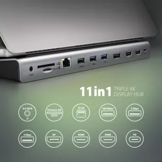 AXAGON HMC-4KX3 Hub USB 5Gbps, 3x USB-A, 2x HDMI, DP, RJ-45 GLAN, SD/microSD, audio, PD 100W, cablu USB-C 40cm