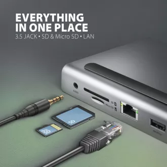 AXAGON HMC-4KX3 Hub USB 5Gbps, 3x USB-A, 2x HDMI, DP, RJ-45 GLAN, SD/microSD, audio, PD 100W, cablu USB-C 40cm