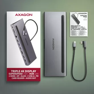 AXAGON HMC-4KX3 Hub USB 5Gbps, 3x USB-A, 2x HDMI, DP, RJ-45 GLAN, SD/microSD, audio, PD 100W, cablu USB-C 40cm