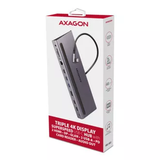 AXAGON HMC-4KX3 Hub USB 5Gbps, 3x USB-A, 2x HDMI, DP, RJ-45 GLAN, SD/microSD, audio, PD 100W, cablu USB-C 40cm