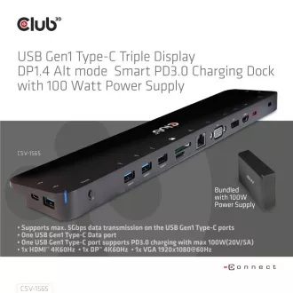 Stație de andocare Club3D USB-C 14v1, 1xDP, 1xHDMI, 1xVGA, 2xUSB-C, 5xUSB, 1xRJ45, 1x3.5mm, gri