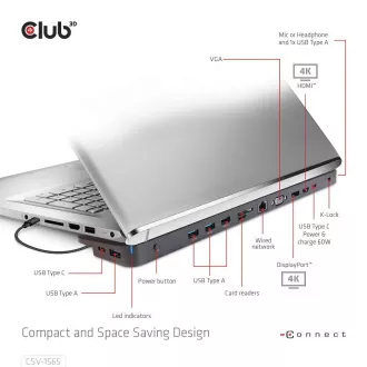 Stație de andocare Club3D USB-C 14v1, 1xDP, 1xHDMI, 1xVGA, 2xUSB-C, 5xUSB, 1xRJ45, 1x3.5mm, gri