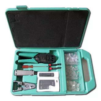 Set de instrumente XtendLan într-o valiză pentru rețele structurate (clești, element de lovire, instrument de decuplare, tester, conectori)