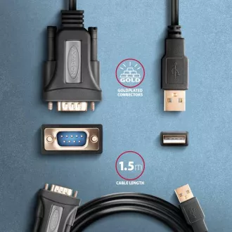 AXAGON ADS-1PQN, USB-A 2.0 - Adaptor / cablu serial RS-232 DB9-M FTDI 1,5m