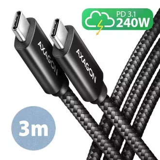 AXAGON BUCM2-CM30AB, cablu DE ÎNCĂRCARE USB-C <-> USB-C, 3m, Hi-Speed USB, PD 240W 5A, ALU, împletit, negru
