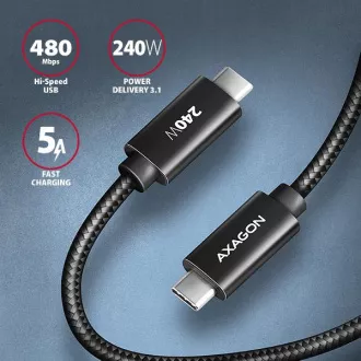 AXAGON BUCM2-CM30AB, cablu DE ÎNCĂRCARE USB-C <-> USB-C, 3m, Hi-Speed USB, PD 240W 5A, ALU, împletit, negru