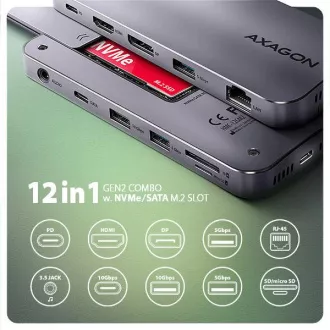 AXAGON HMC-12GM2, hub USB 10Gbps, 3x USB-A, USB-C, HDMI, DP, RJ-45 GLAN, M.2, SD/mSD, audio, PD 100W, cablu USB-C 50cm